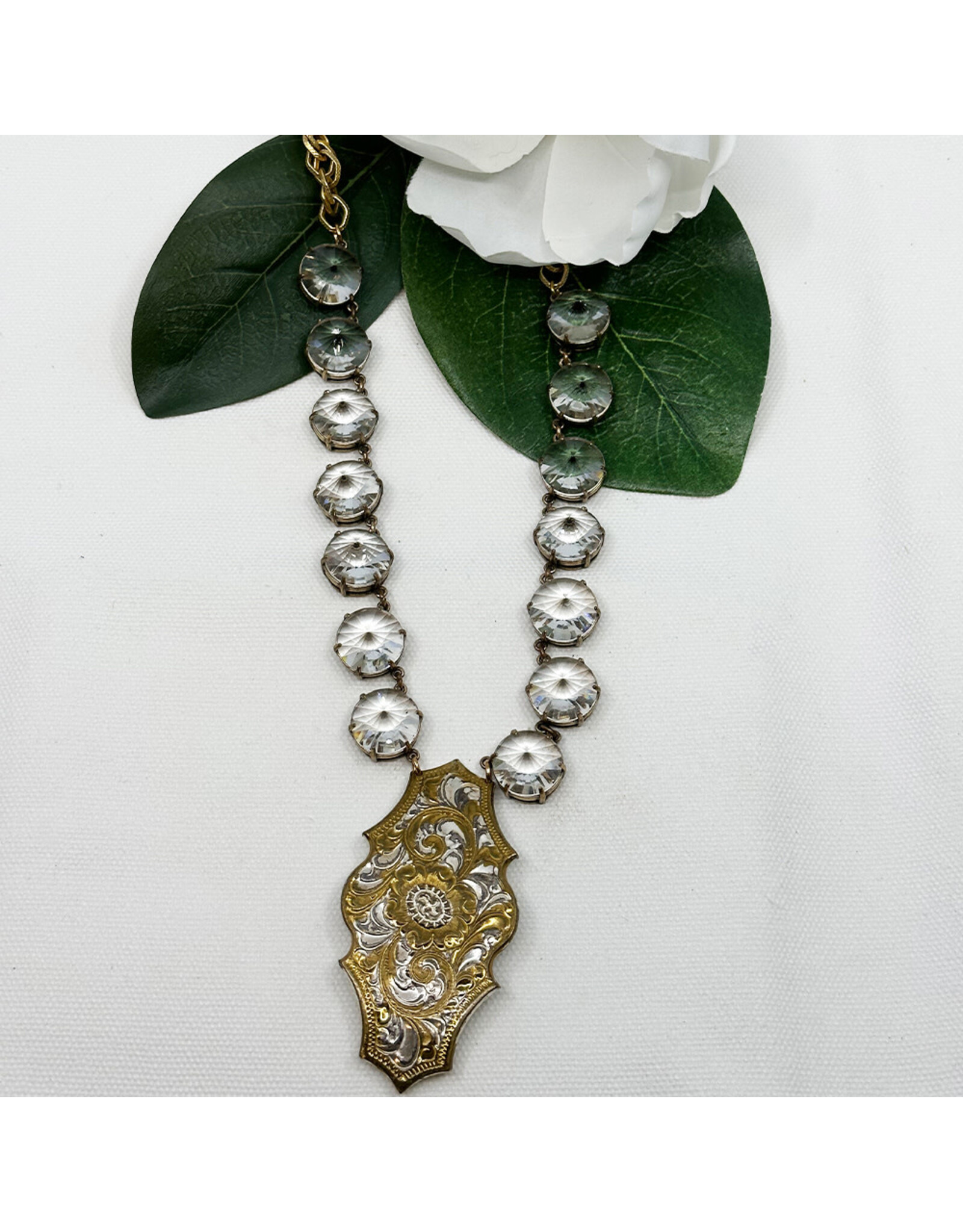 1960s Gold and Silver Buckle on 1970s Large Crystal Necklace