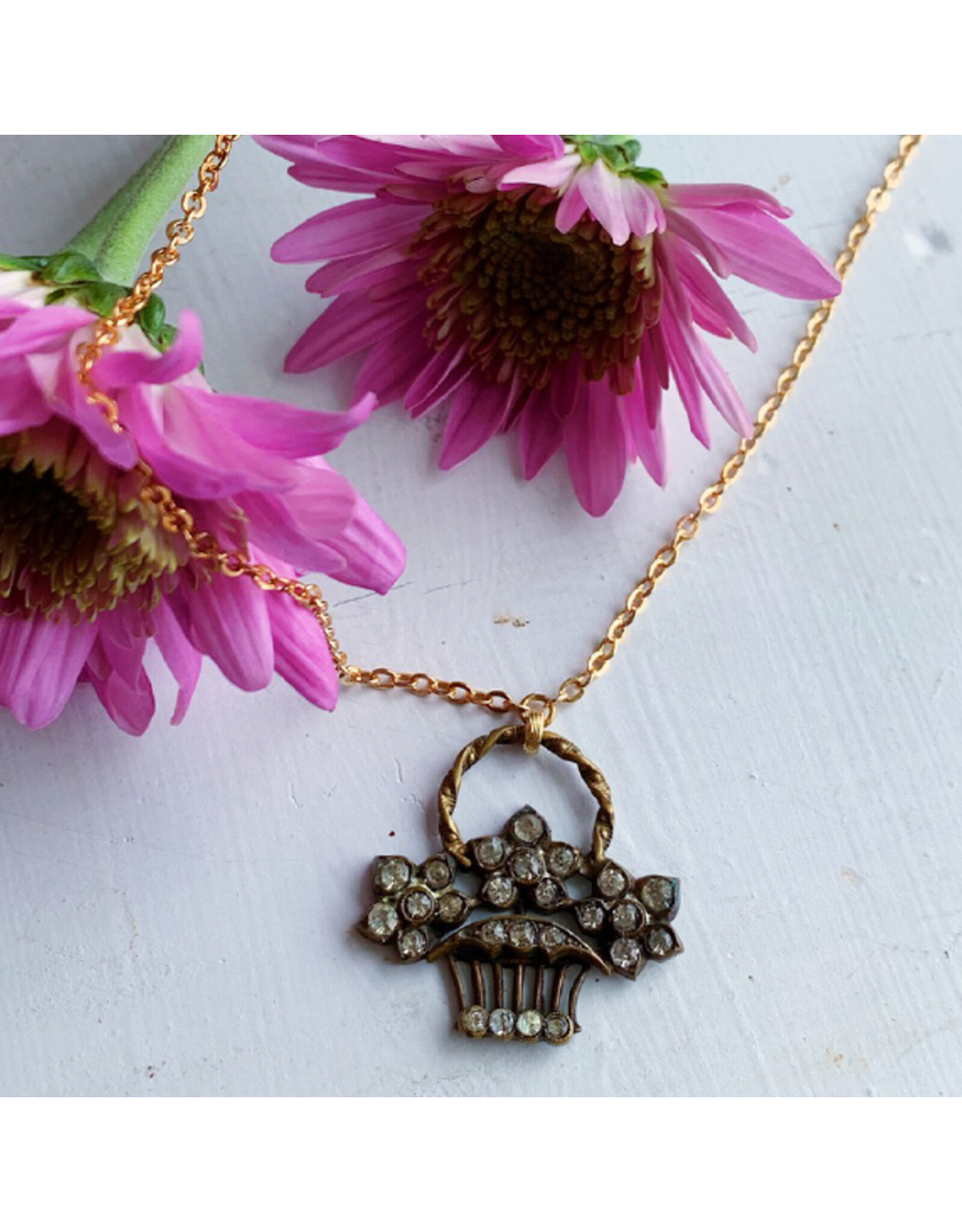 Victorian Gold Filled Rhinestone Flower Basket Necklace