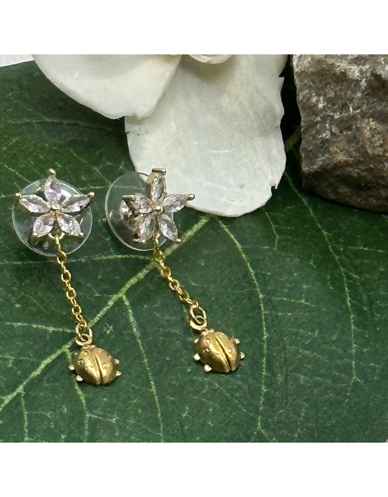 Sparkle Drop Earrings w Brass Ladybug