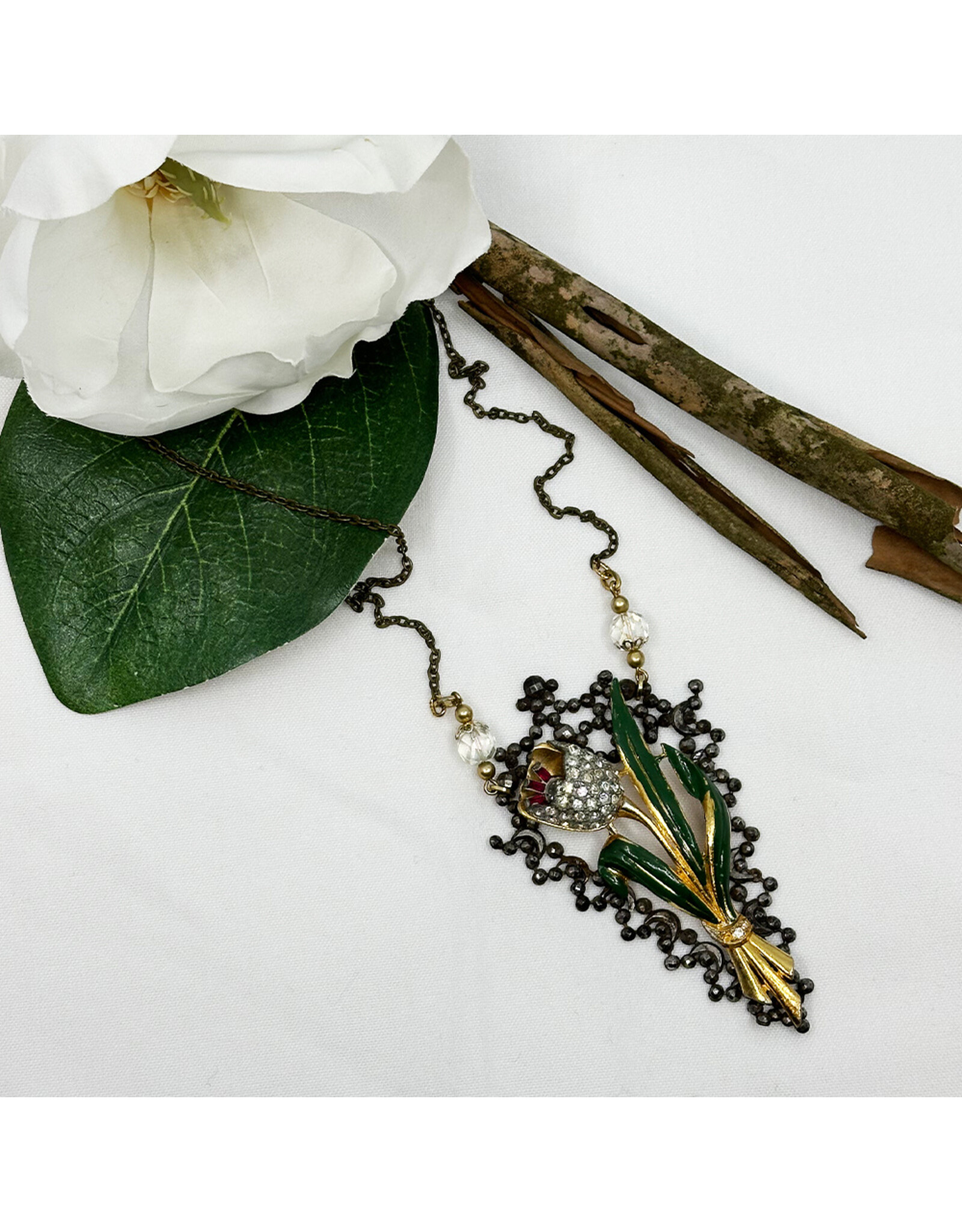 Vintage Floral Brooch and Buckle Necklace