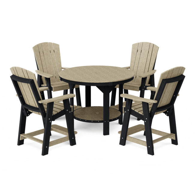 Heritage Pub Set 48" Round Table 4 Chairs Bar Height Black Frame Weathered Wood Top
