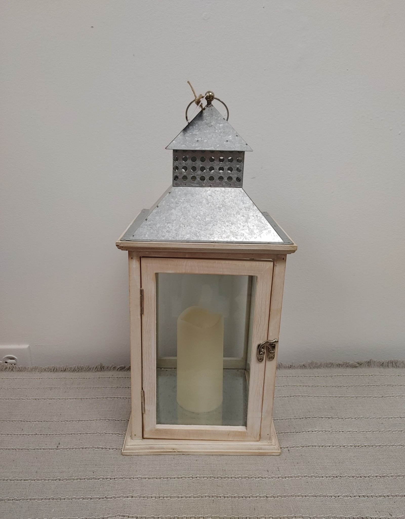 Large White & Silver Lantern w/LED candle