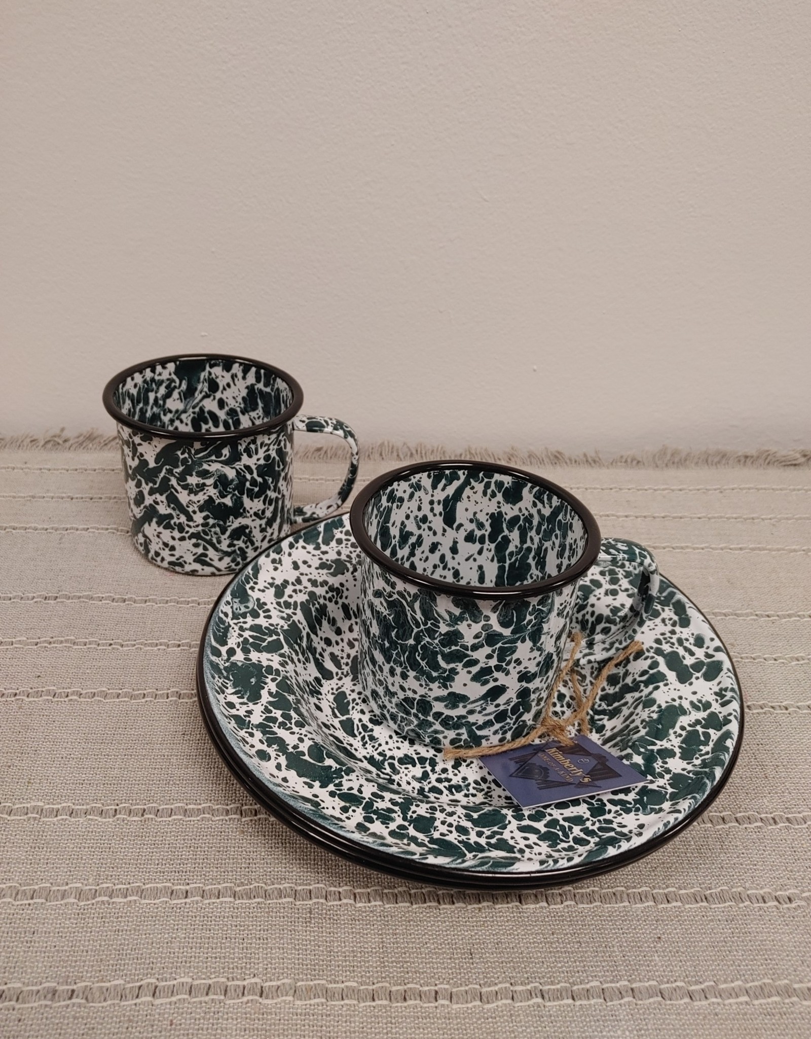 Green Enamel Splatterware Set - 2 cups & 2 shallow 8" bowls