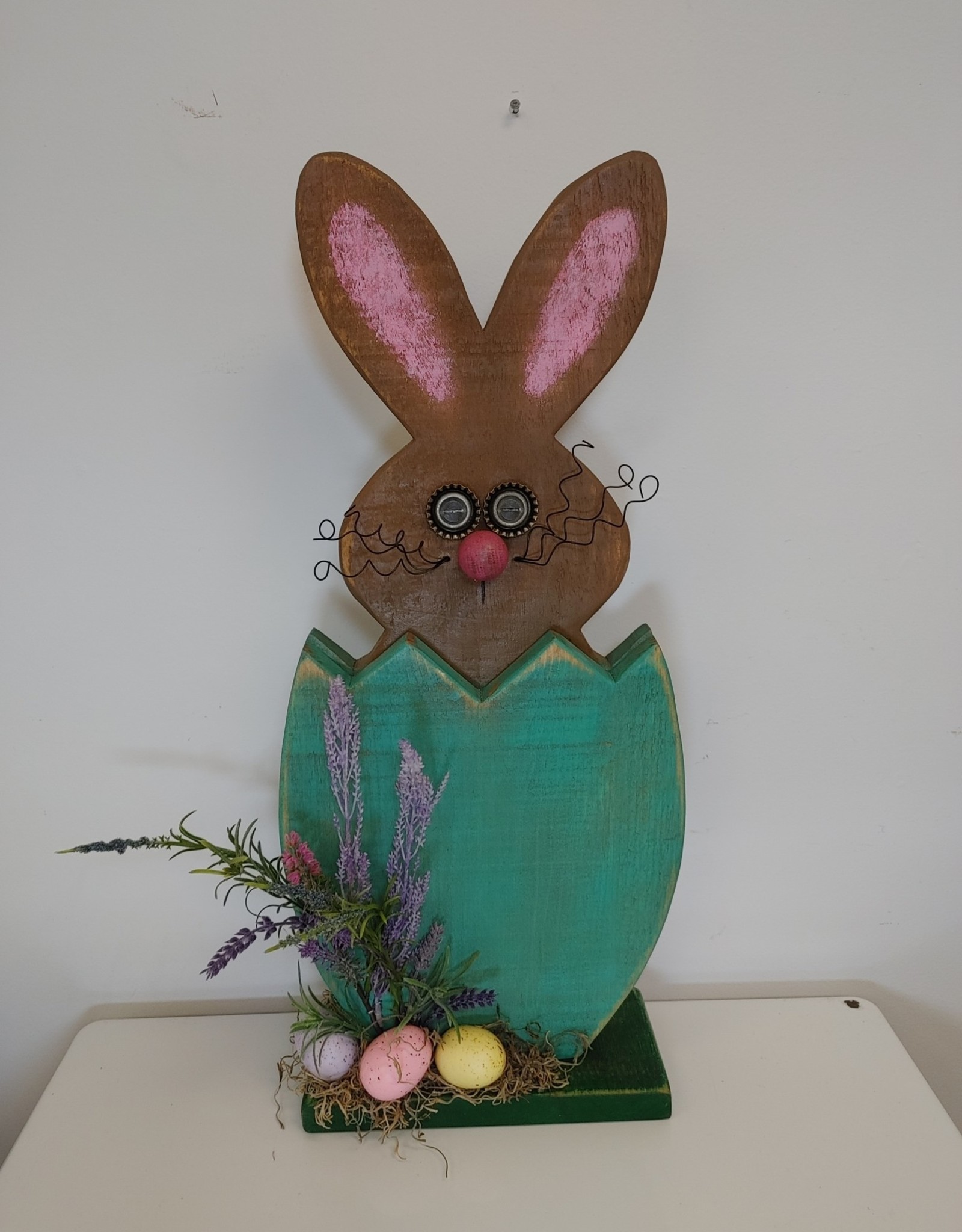 Whimsical Wooden Bunny in Green Egg