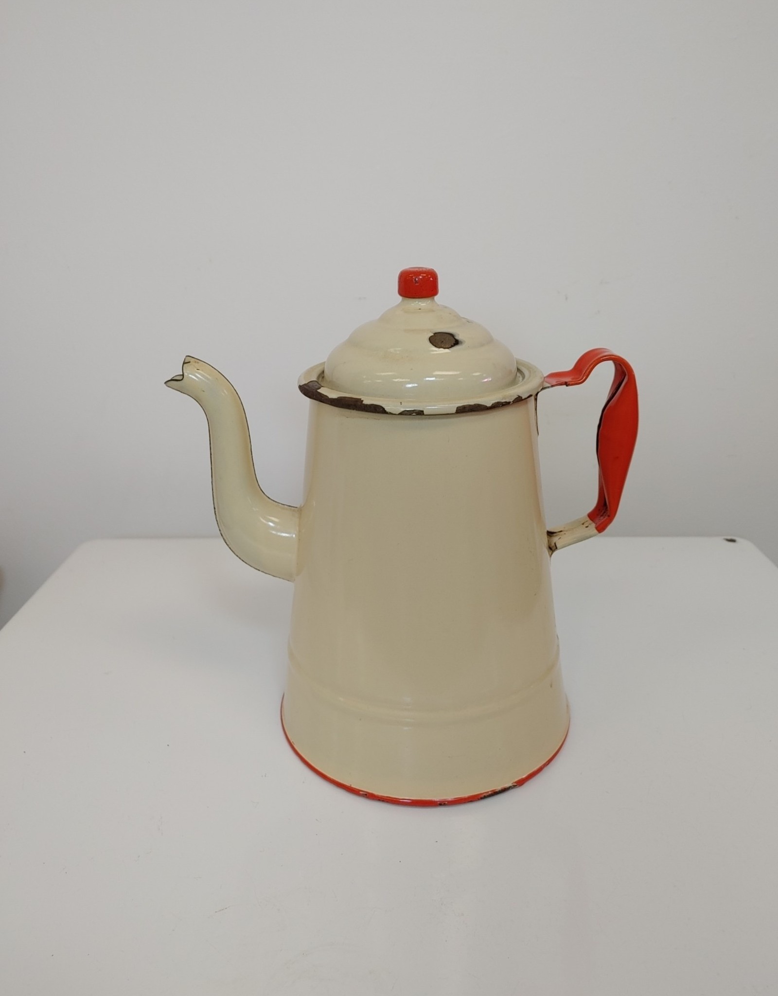 Large Vintage Cream / Red  Enamel Coffee Pot - 10.25"