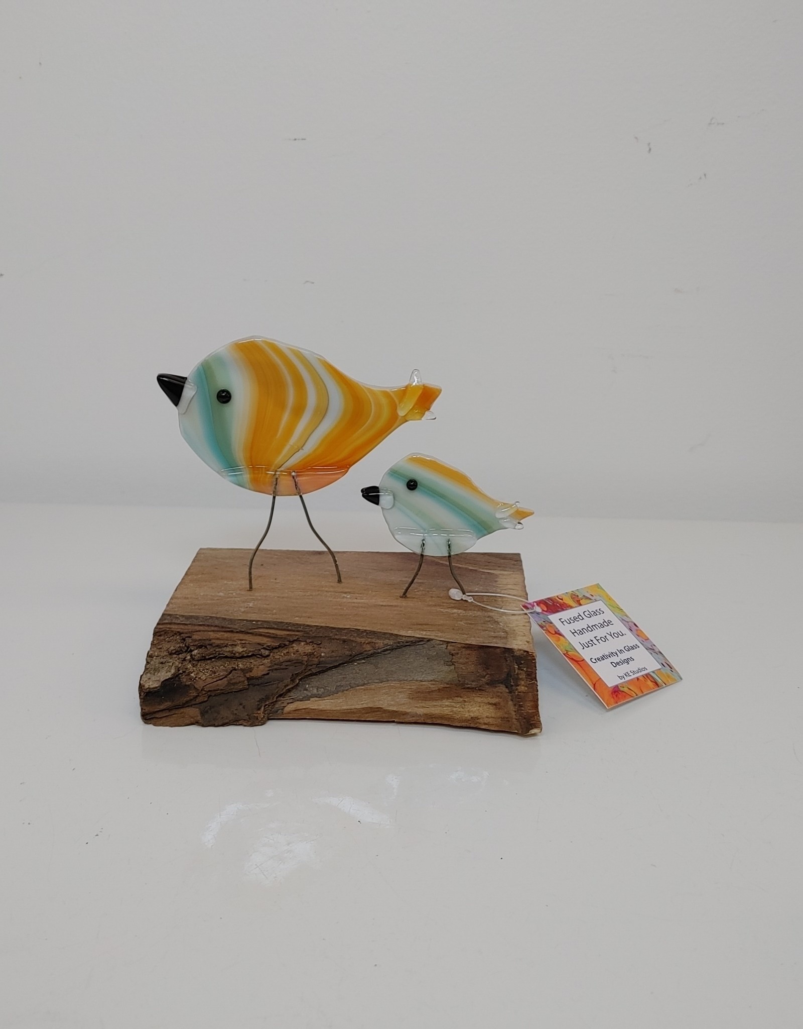 Double Birds on Wood - Orange/Teal/White