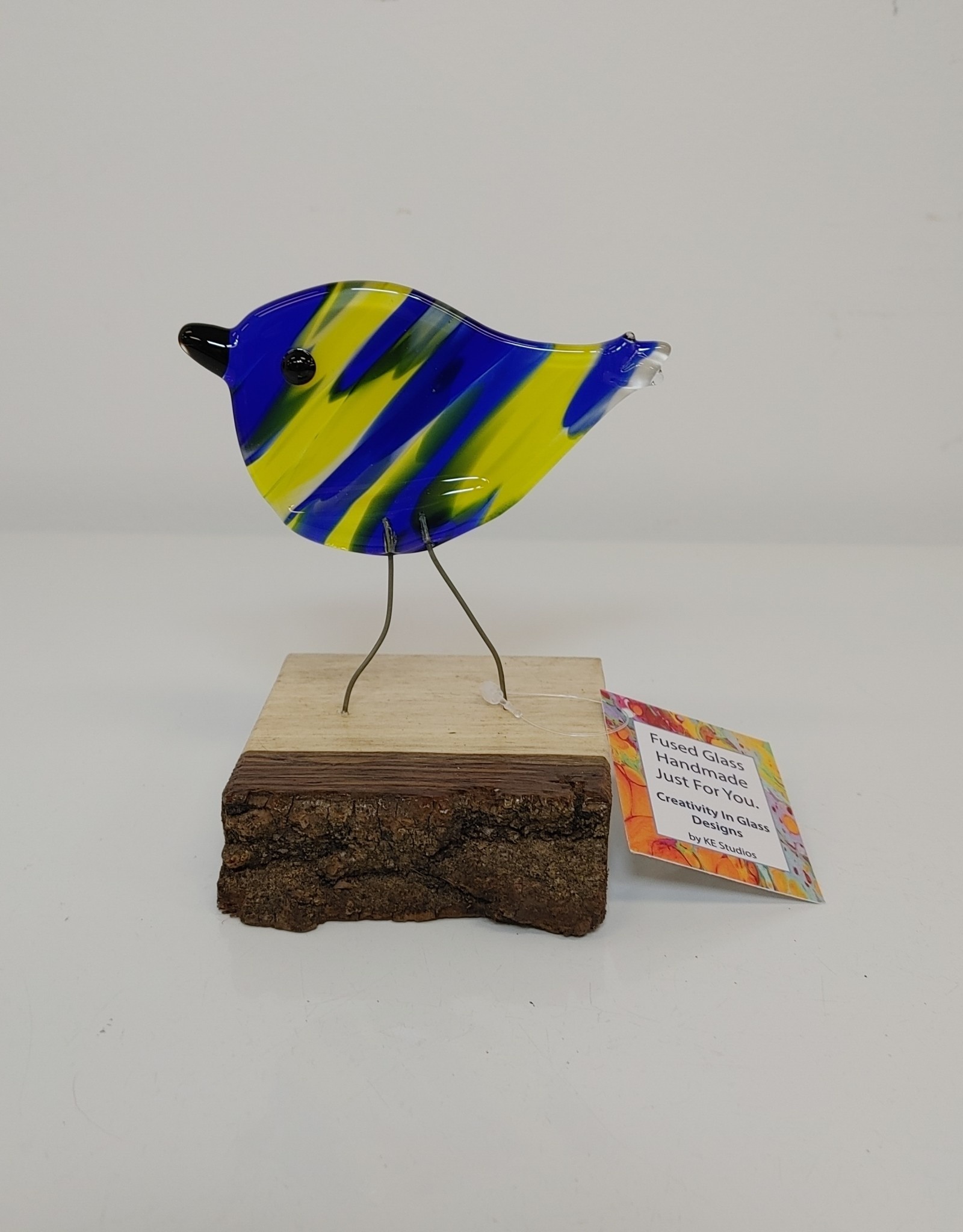 Single Bird on Wood - Blue/White/Yellow