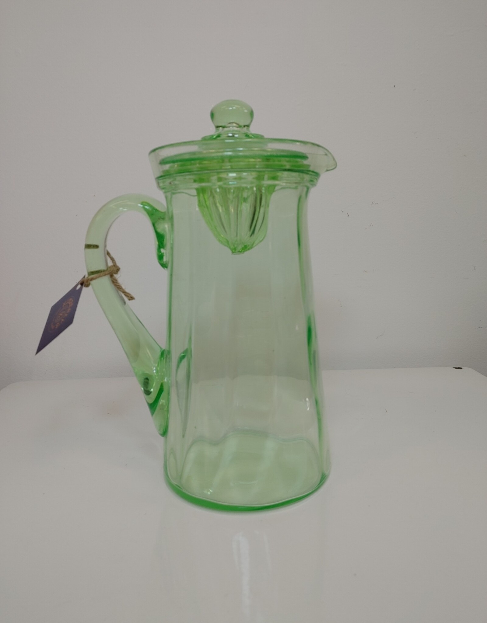 Vintage Green Uranium Glass Lemonade Pitcher w/juicer & lid