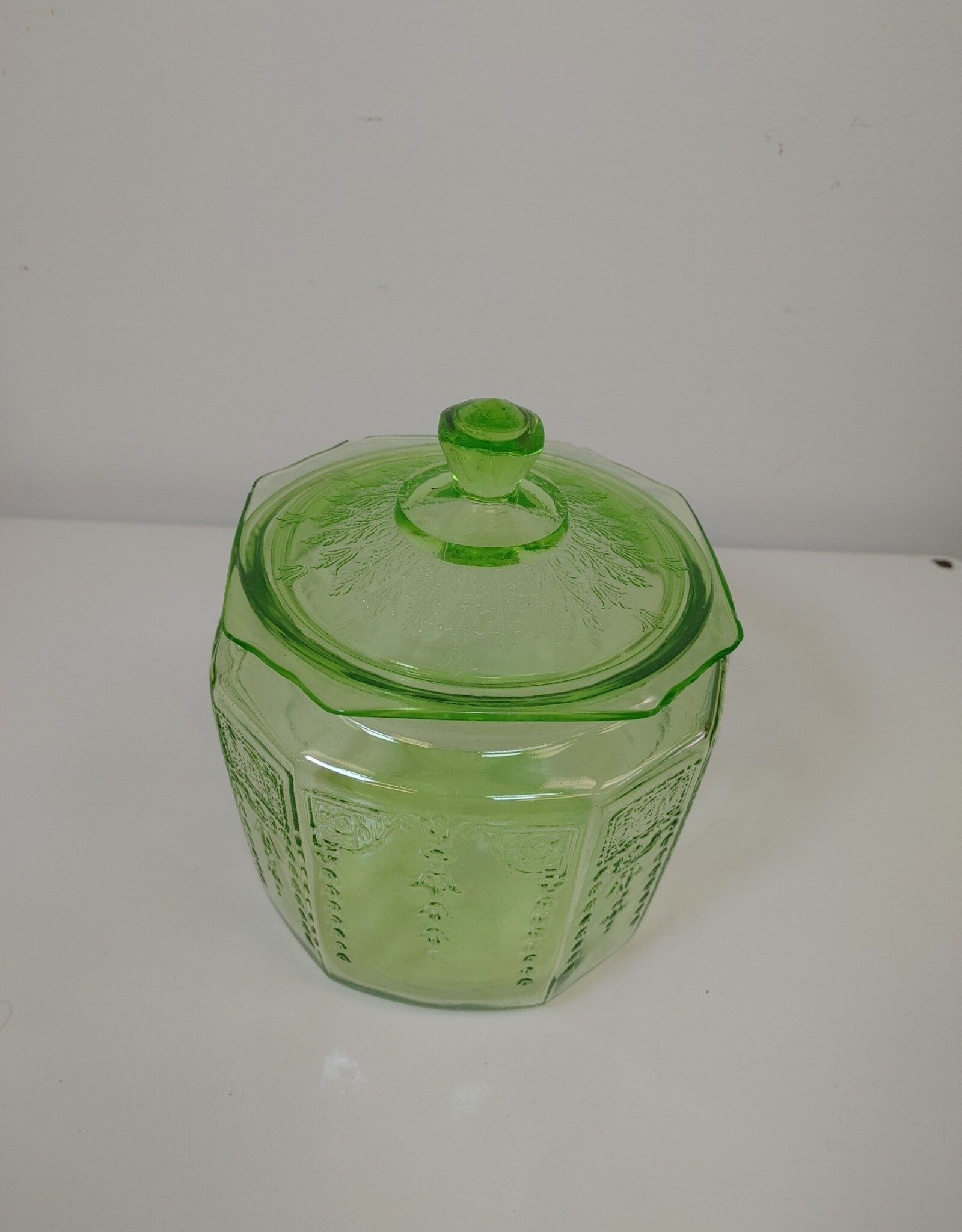Green Uranium Depression Glass Cookie Jar w/Lid - Princess