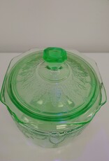 Green Uranium Depression Glass Cookie Jar w/Lid - Cameo