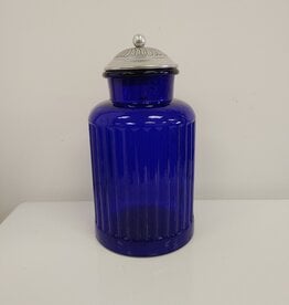Vintage Cobalt Blue Ribbed Glass Canister w/lid - 12.5"