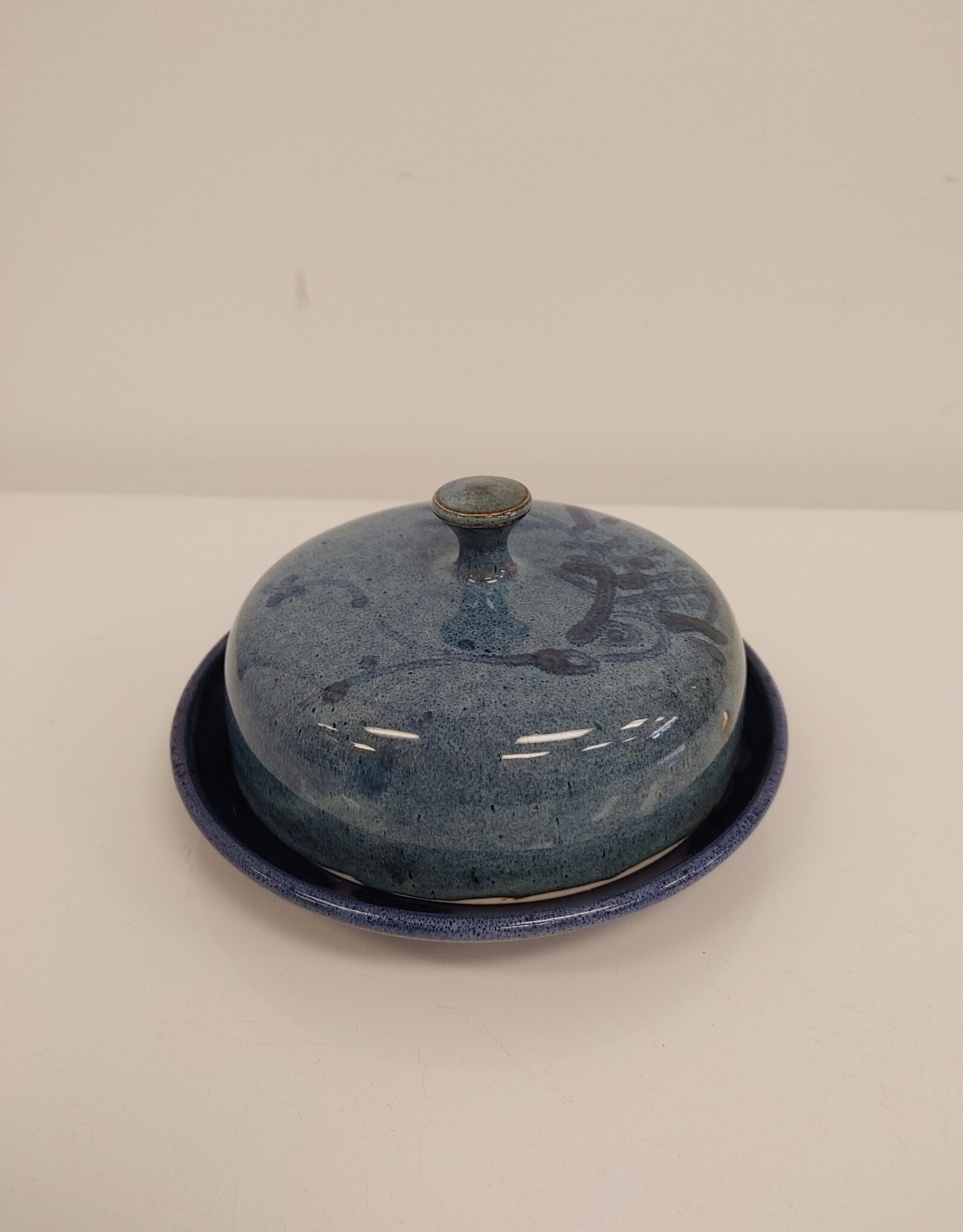 Pottery Covered Butter Dish - blue