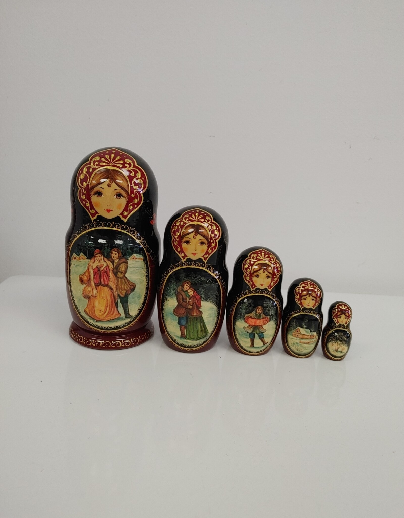 Vintage Hand-painted Russian Nesting Dolls 5 Piece - artist signed