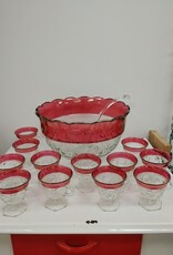 Indiana Glass Kings Crown Ruby Punch Bowl w/ 12 Footed Cups & Glass Ladle