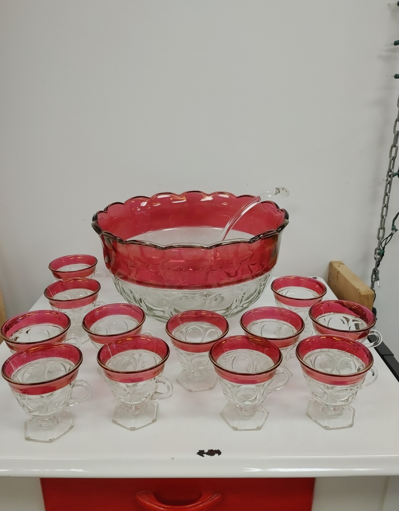 Indiana Glass Kings Crown Ruby Punch Bowl w/ 12 Footed Cups & Glass Ladle