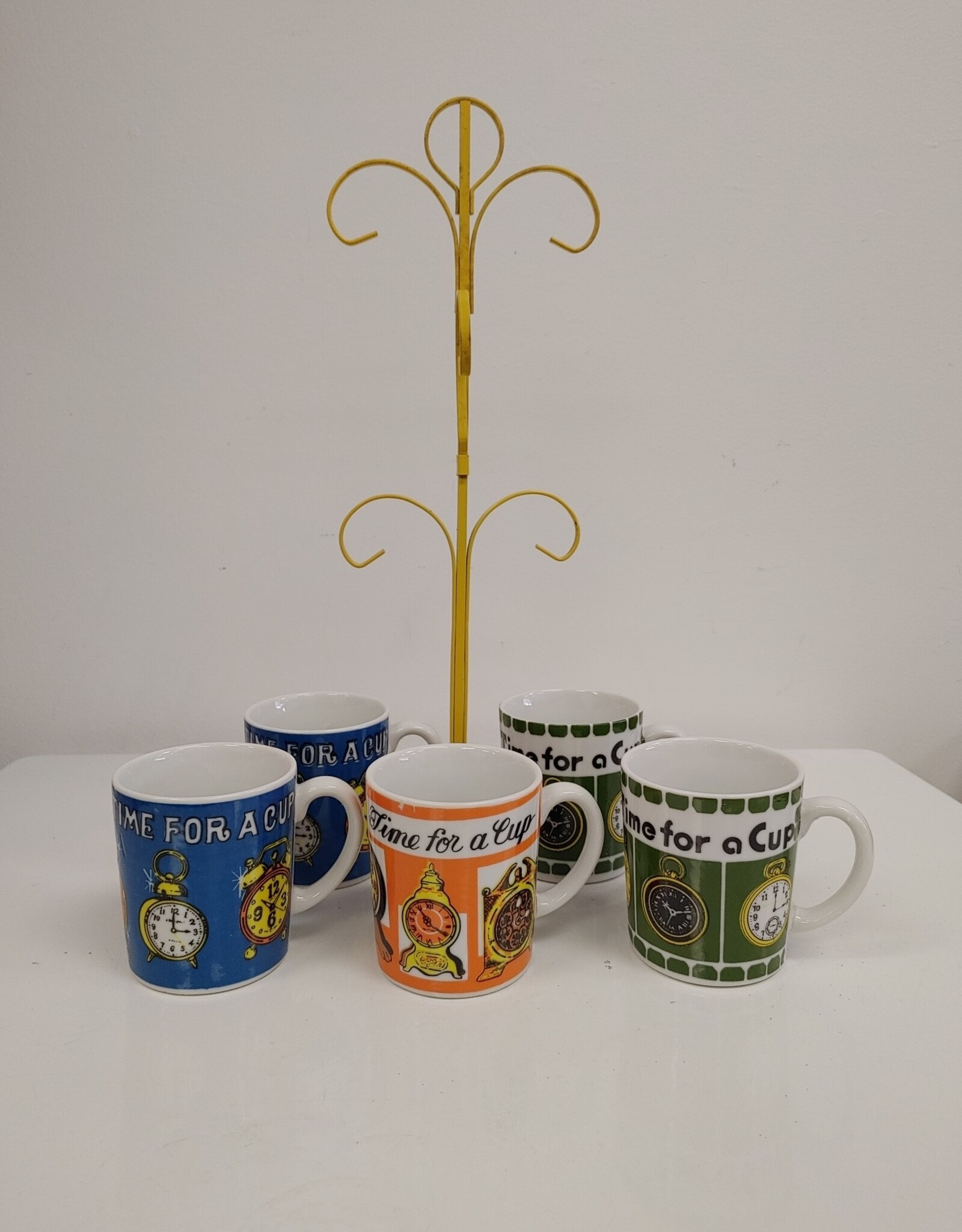 Vintage Set of 5 Time For A Cup Mugs w/Stand - Japan