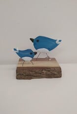 Double Birds on Wood - Aqua/White