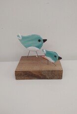 Double Birds on Wood - Turquoise/White