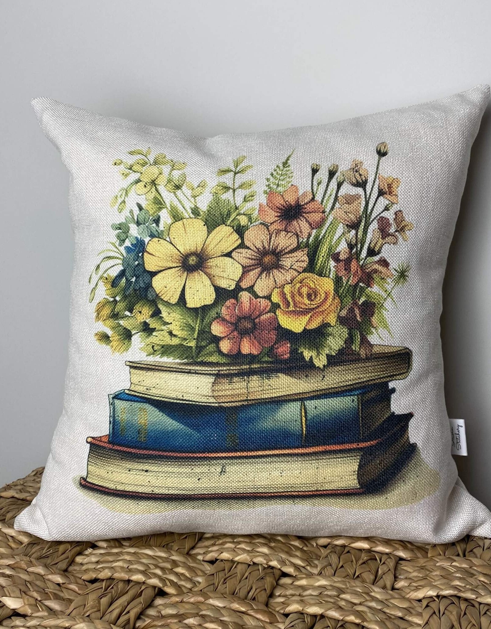 Vintage Books & Flowers Pillow - bright