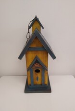 Tall Wooden Birdhouse - Blue/Yellow