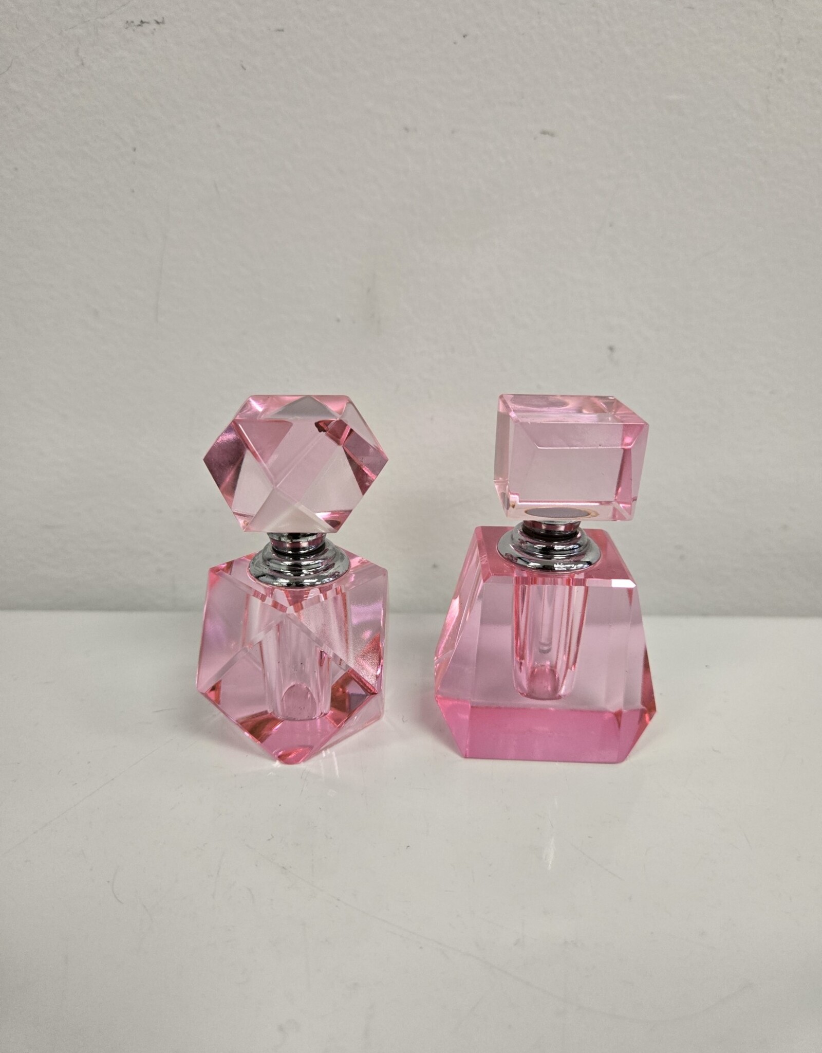 Set of 2 Pink Oleg Cassini Crystal Perfume Bottles - signed