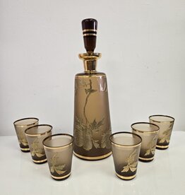 Bohemia Glass Amber & Gold Decanter w/6 glasses - Czechoslovakia
