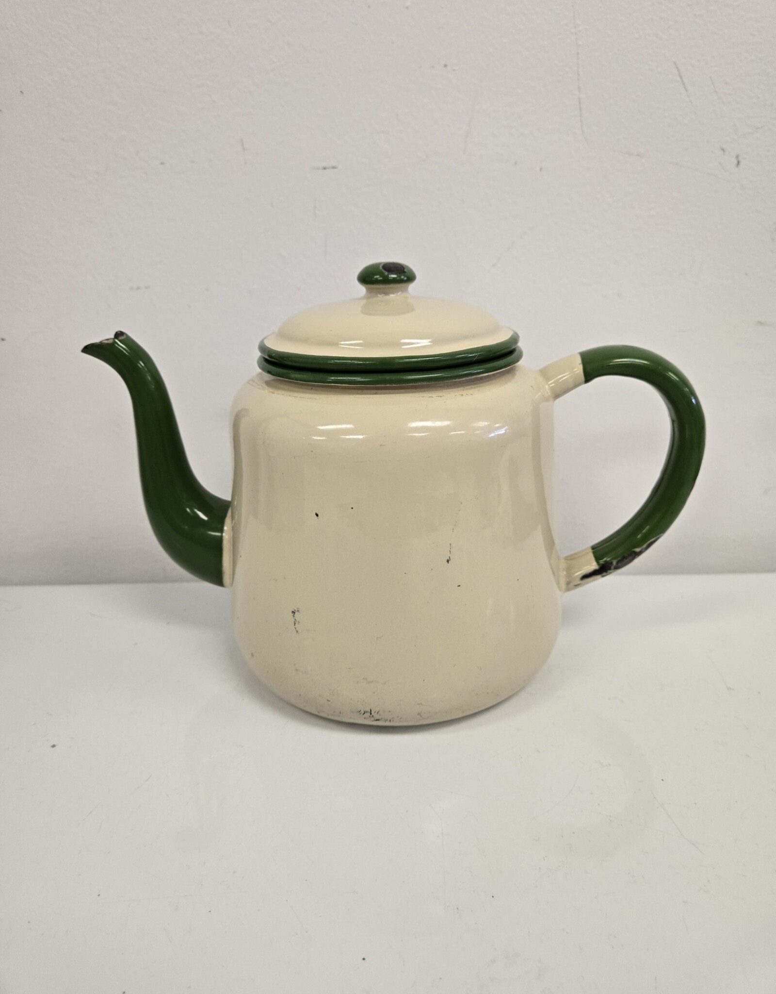 Vintage Cream & Green Enamel Teapot