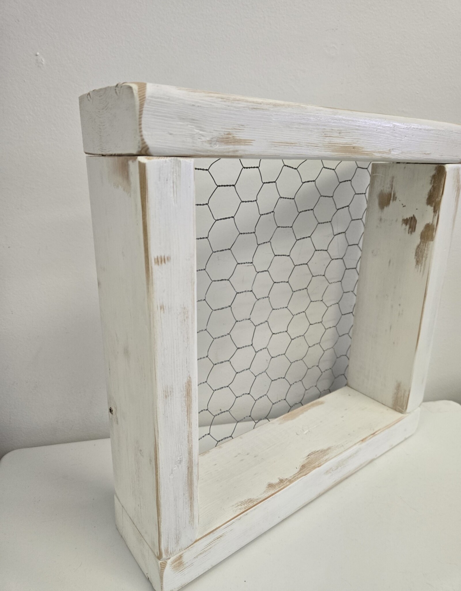 White Wooden Box Shelf w/chicken wire