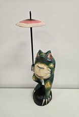 Hand-Carved Wooden Frog Statue w/Umbrella -17"