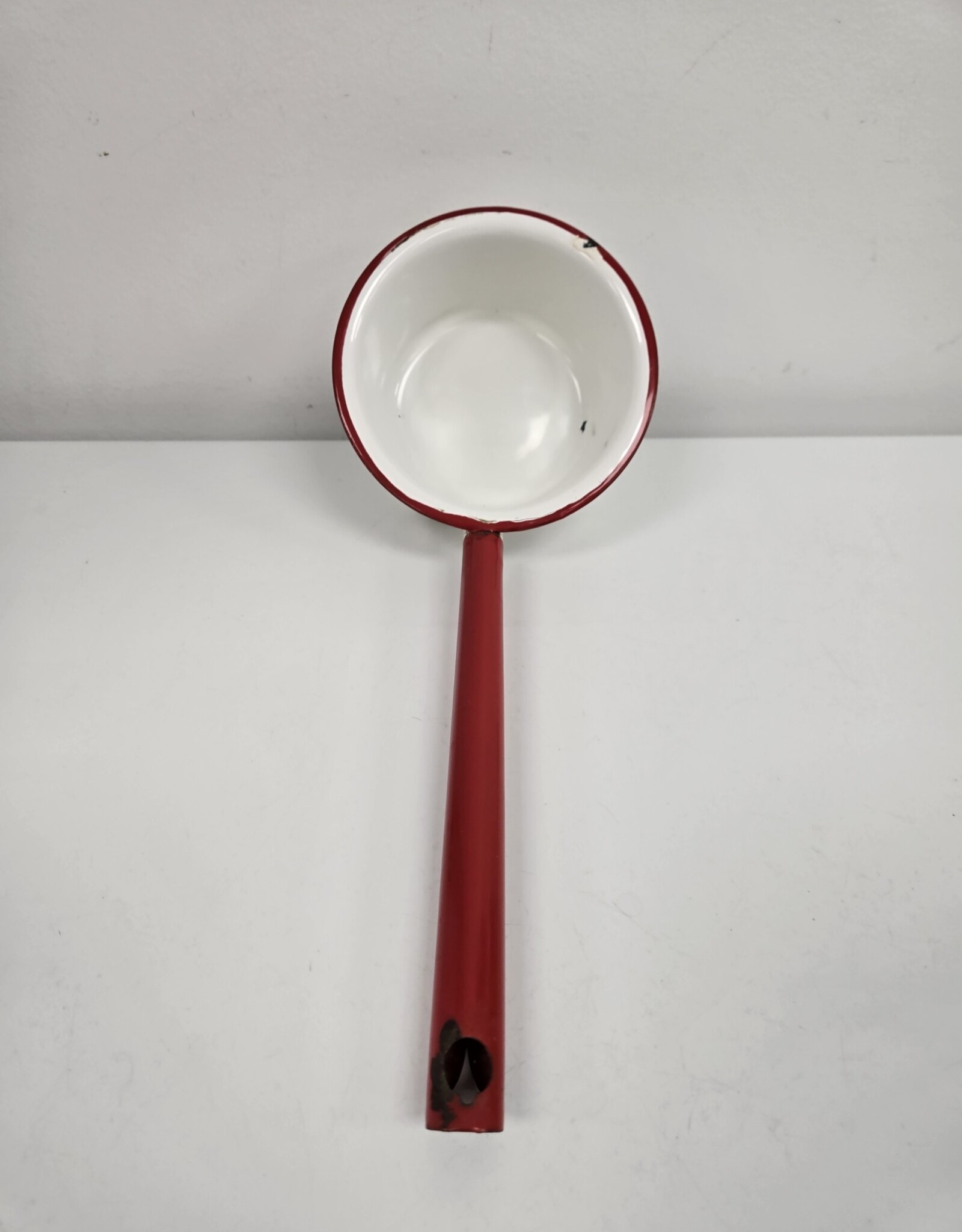 Vintage White Enamel Ladle w/red rim