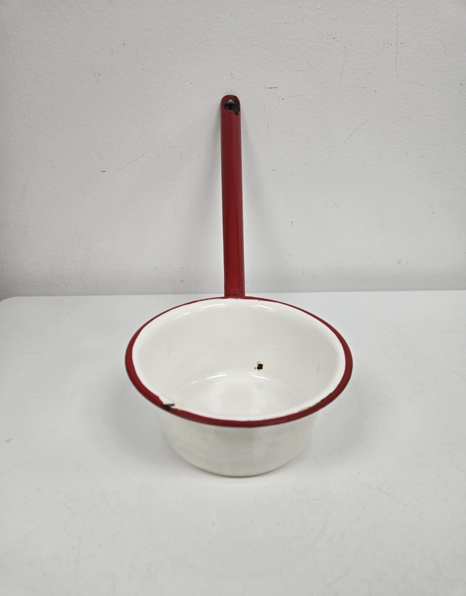 Vintage White Enamel Ladle w/red rim