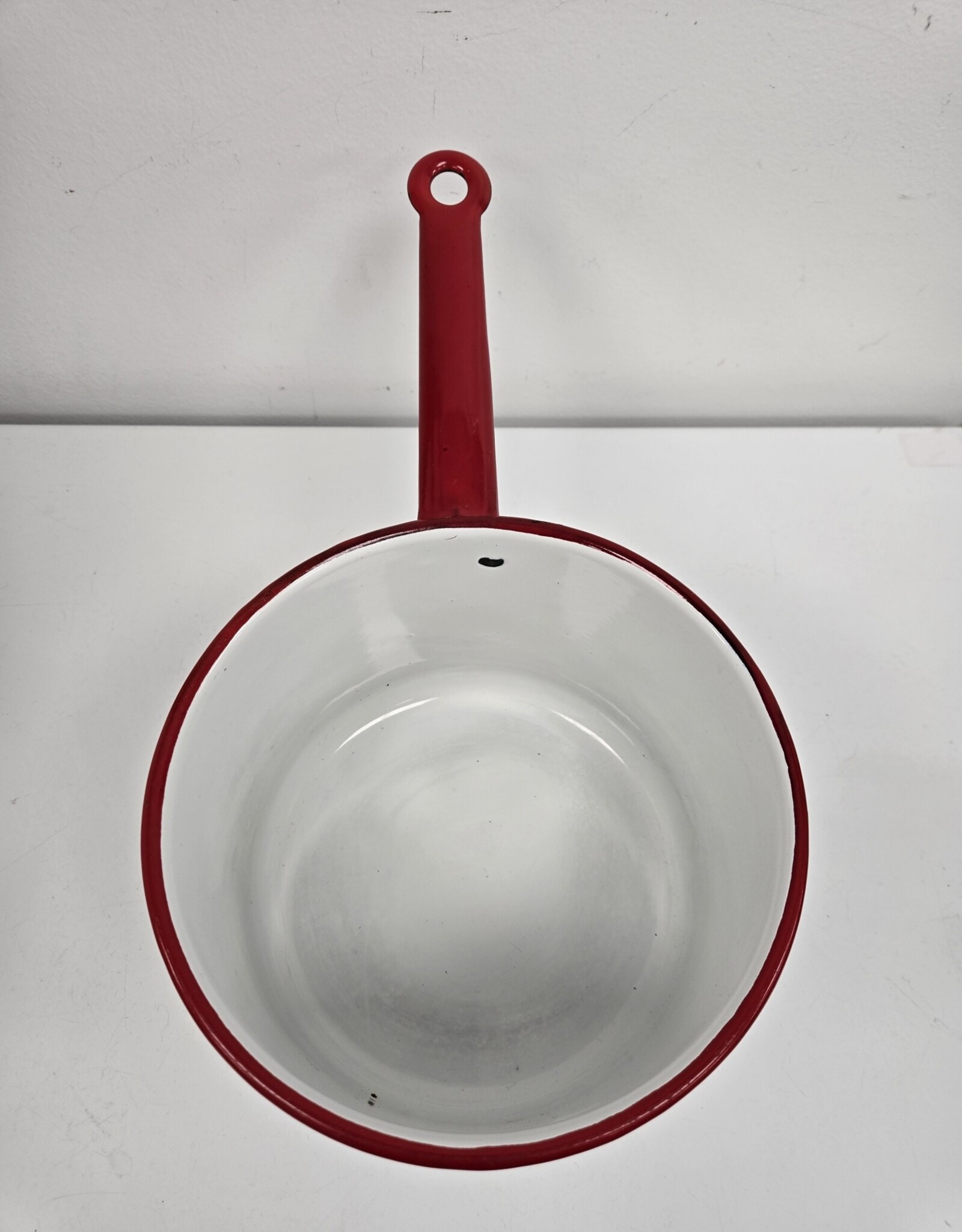 Vintage White Saucepan - red trim