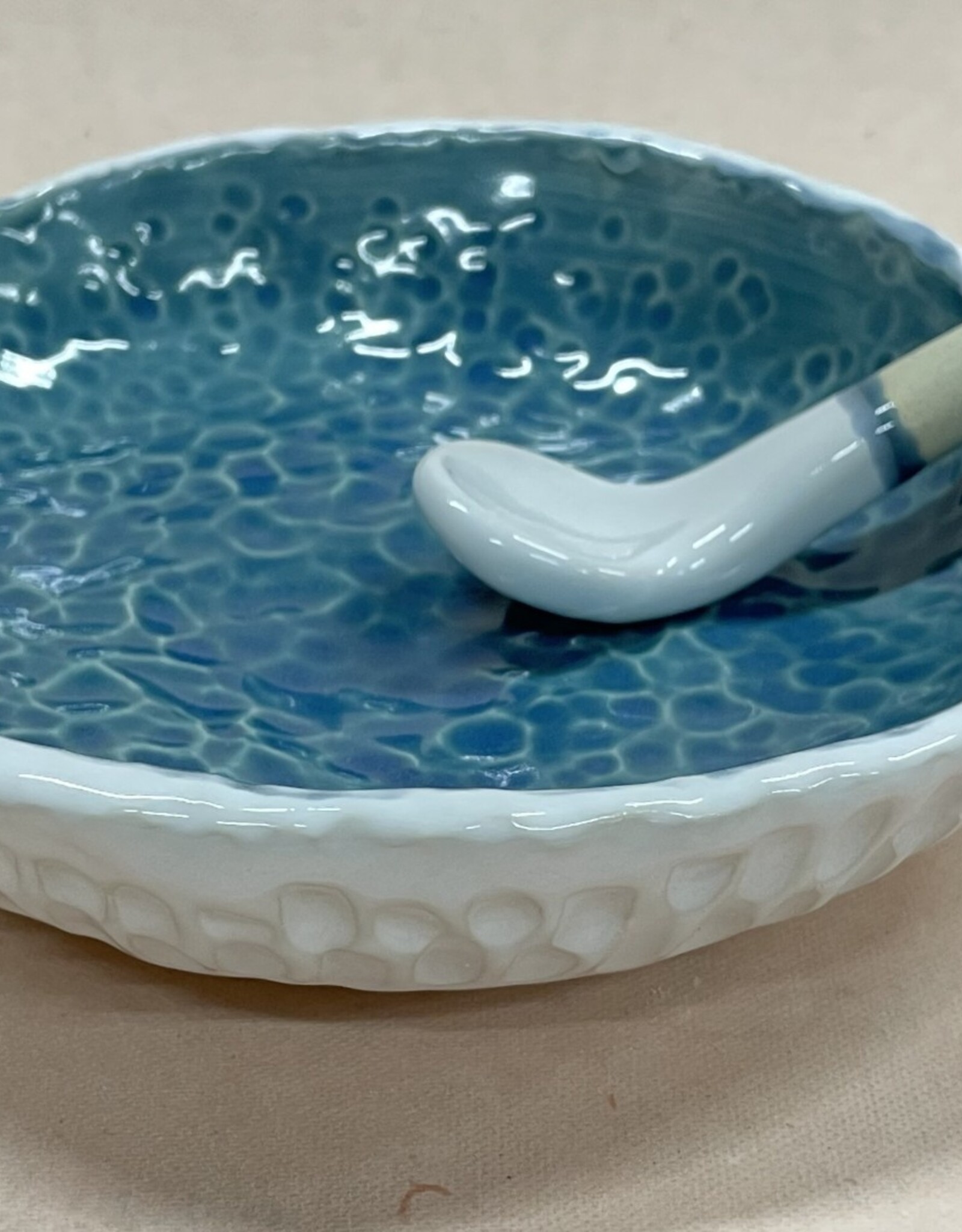 Pottery By Jackie Pottery By Jackie - Pinch Bowl (hammered w/spoon, blue & white)