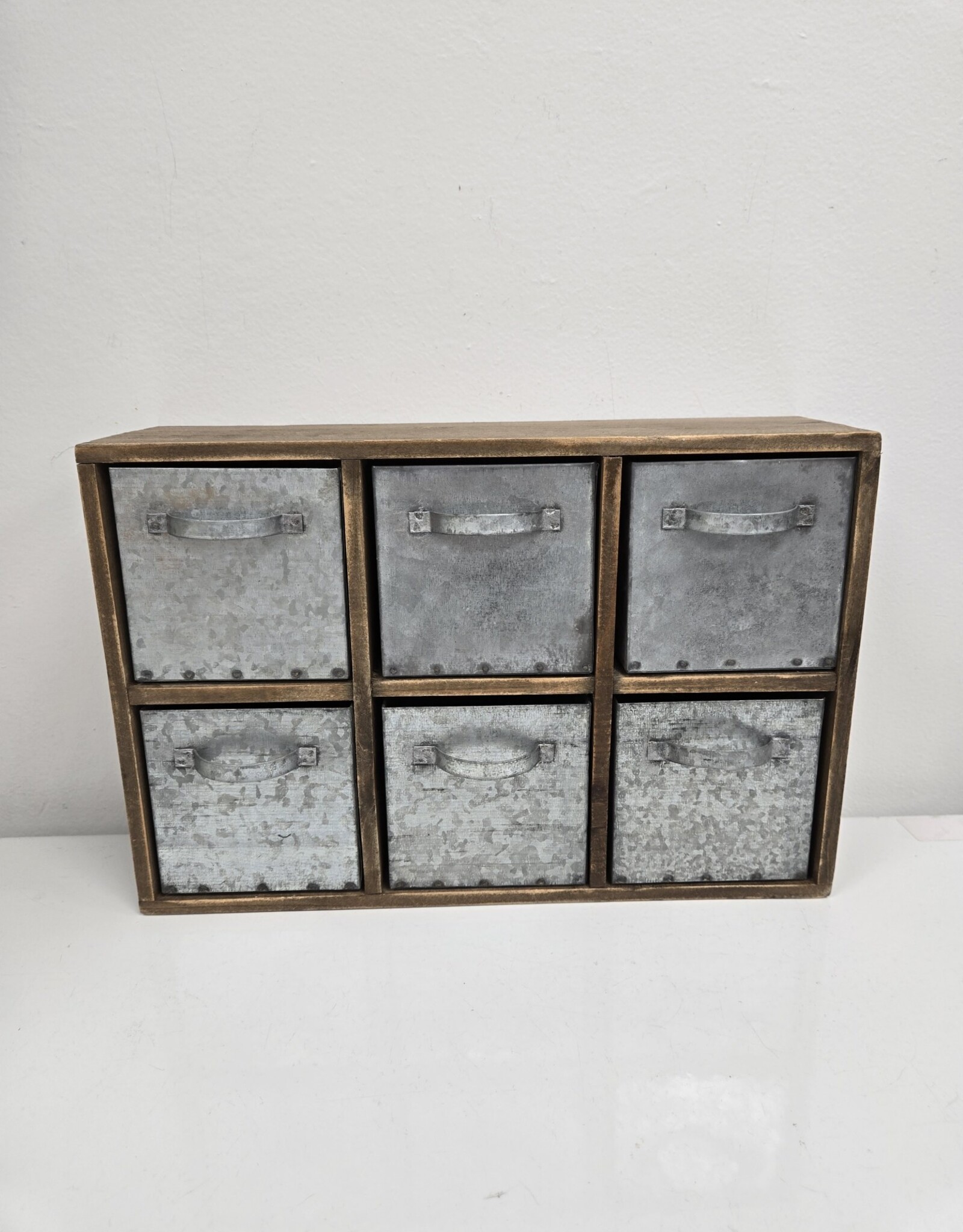 Wooden Box w/6 galvanized drawers