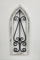 Rustic White Wooden Arched Window w/Metal Scroll Design