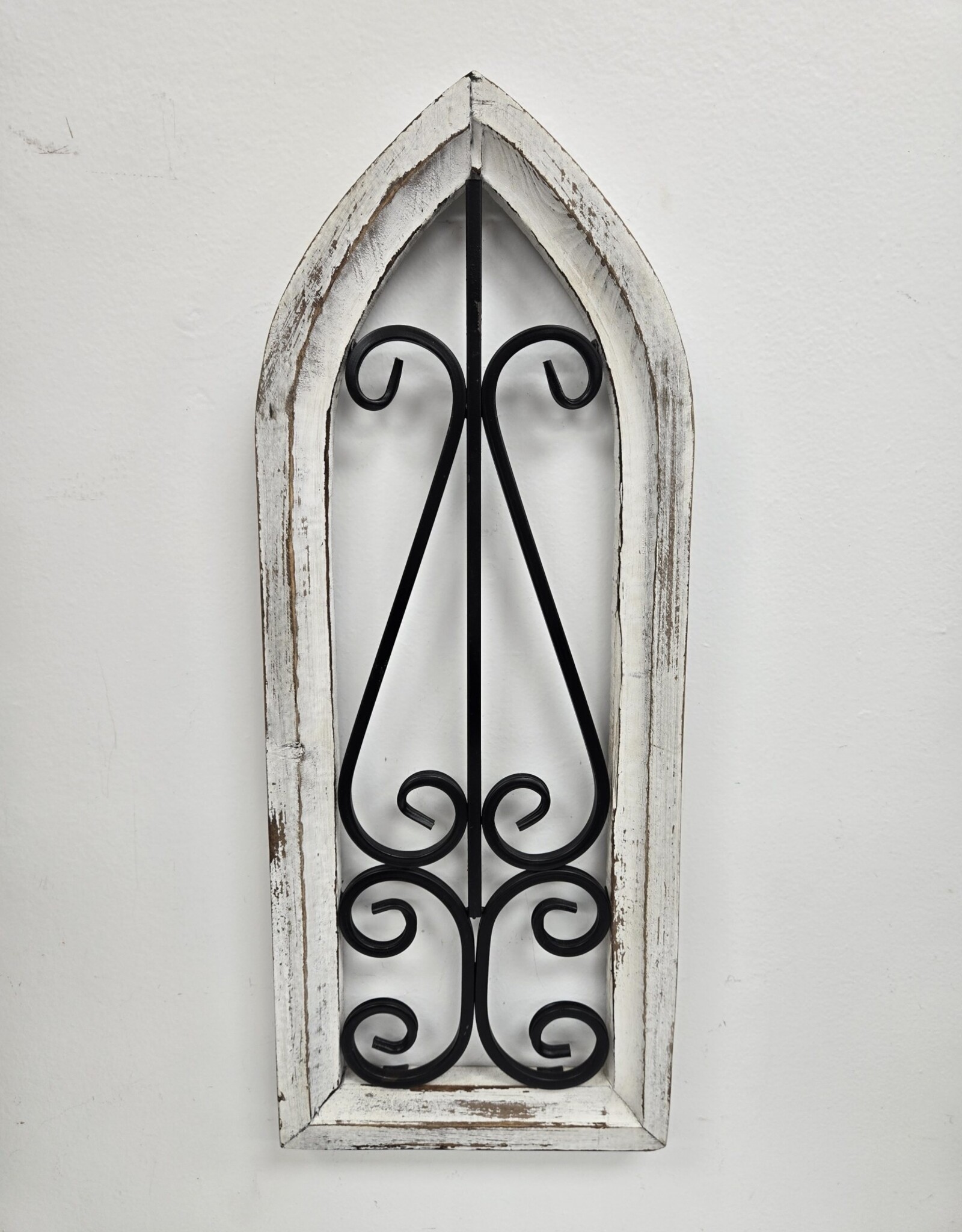 Rustic White Wooden Arched Window w/Metal Scroll Design