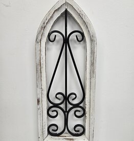 Rustic White Wooden Arched Window w/Metal Scroll Design