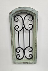 Rustic Green Wooden Arched Window w/Metal Scroll Design