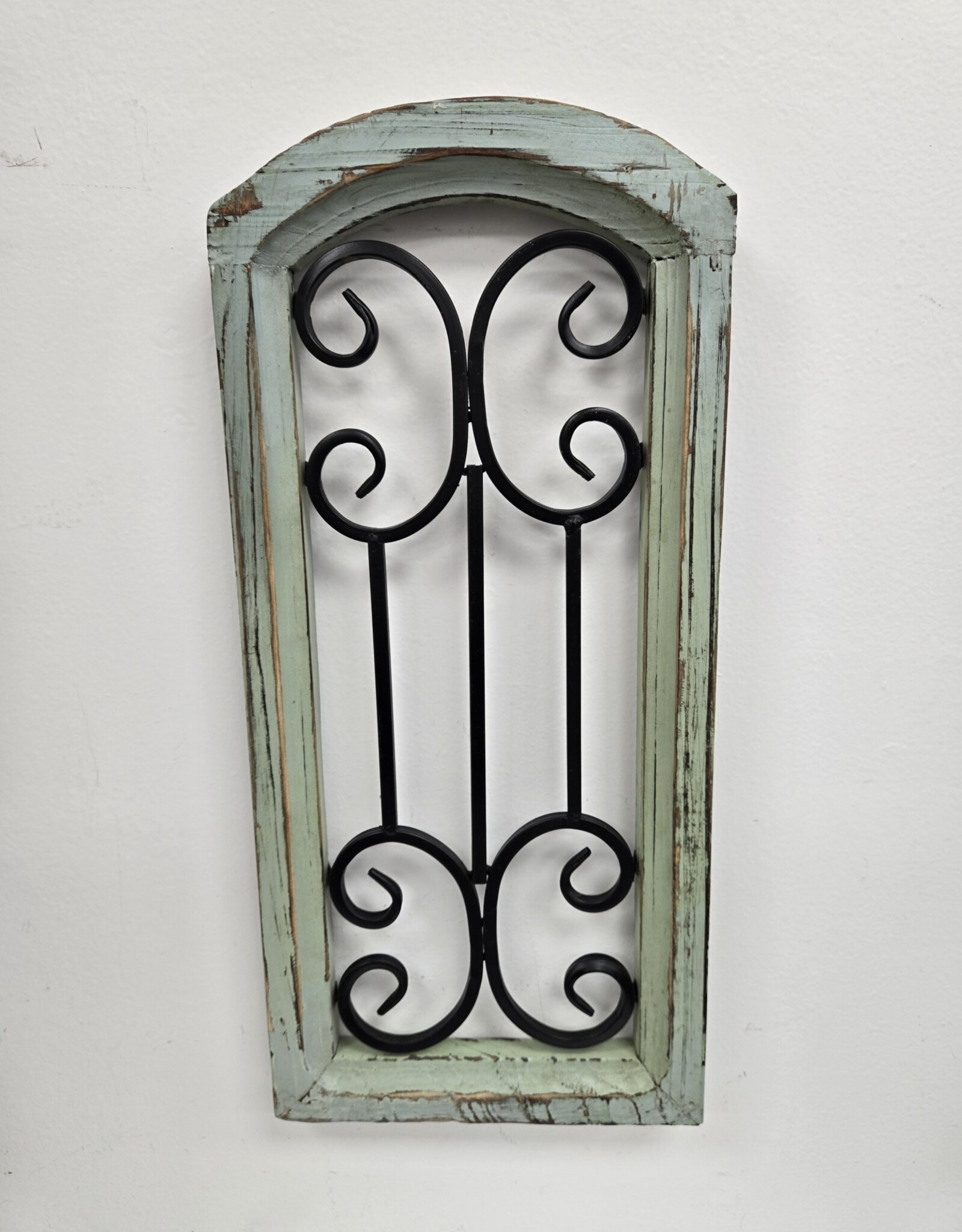 Rustic Green Wooden Arched Window w/Metal Scroll Design