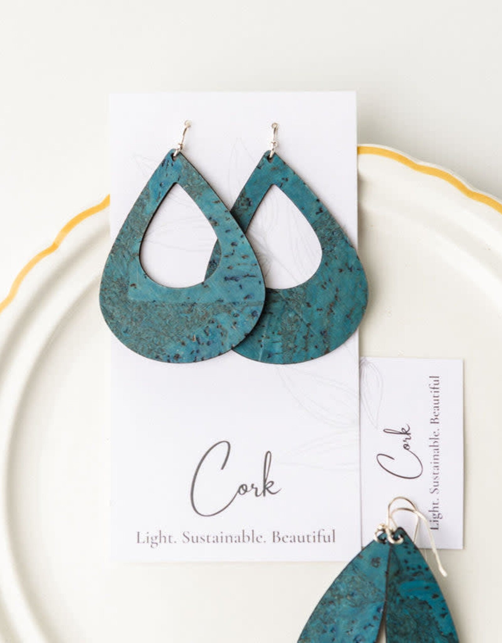 Small Teardrop Cork Earrings - Deep Teal