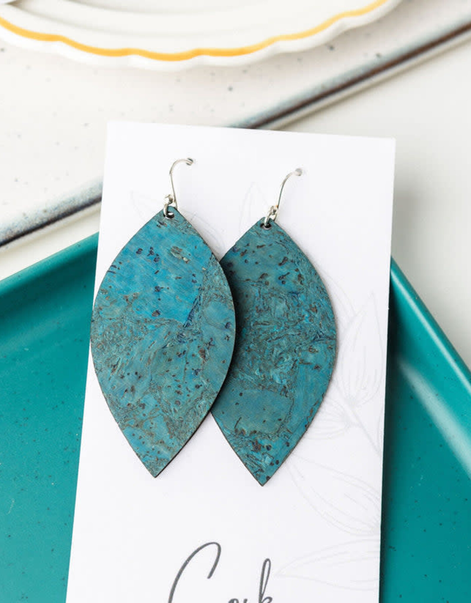 Small Leaf Cork Earrings - Deep Teal