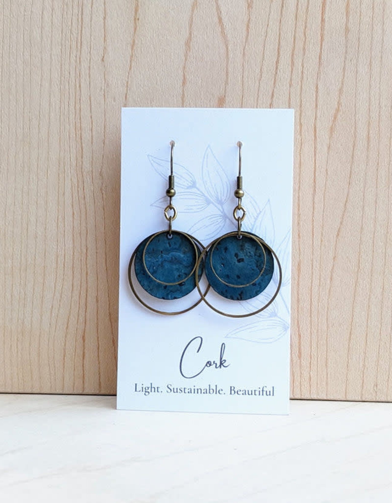 Small Brass Circle Cork Earrings - Deep Teal