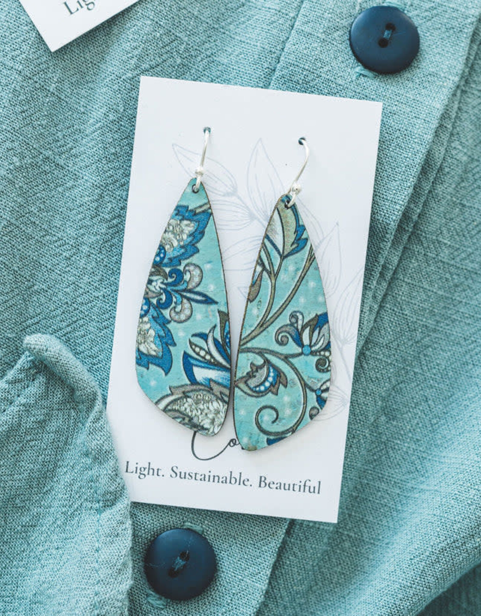 Small Wing Cork Earrings - Olive & Teal Floral