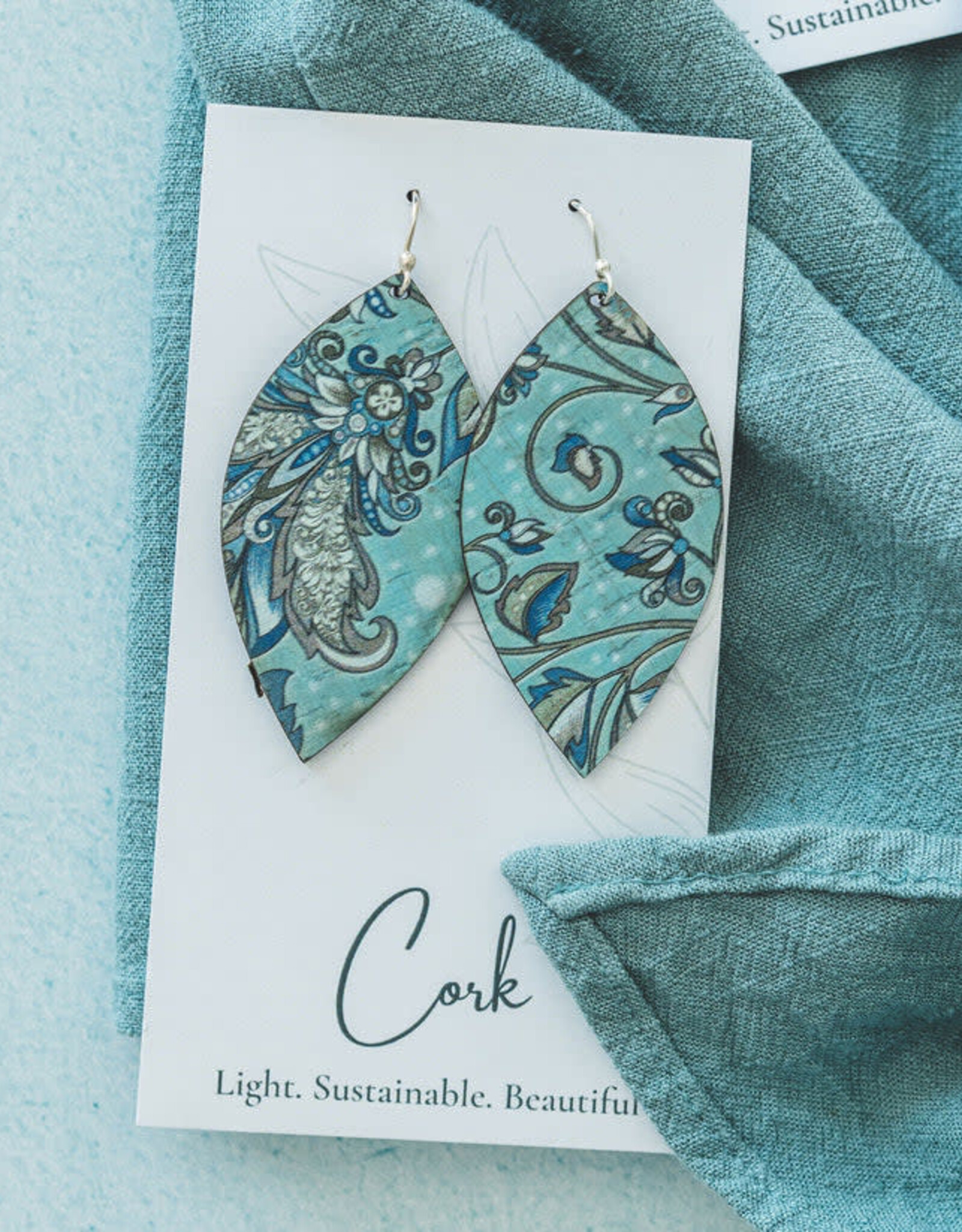 Small Leaf Cork Earrings - Olive & Teal Floral