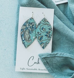 Small Leaf Cork Earrings - Olive & Teal Floral