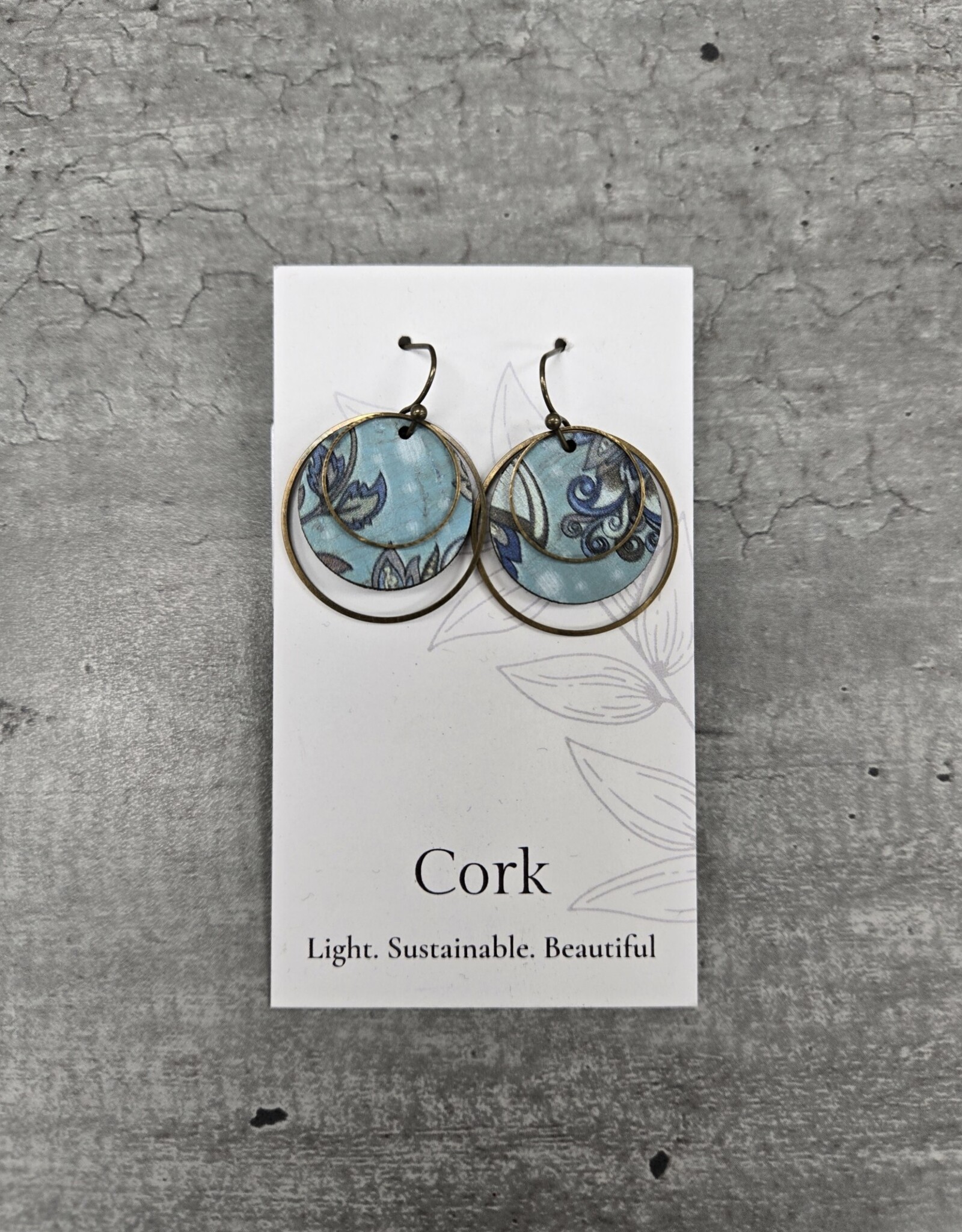 Small Brass Circle Cork Earrings - Olive & Teal Floral