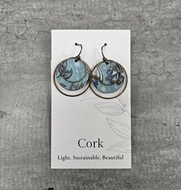 Small Brass Circle Cork Earrings - Olive & Teal Floral