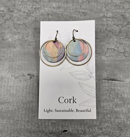 Small Brass Circle Cork Earrings - Pink Herringbone