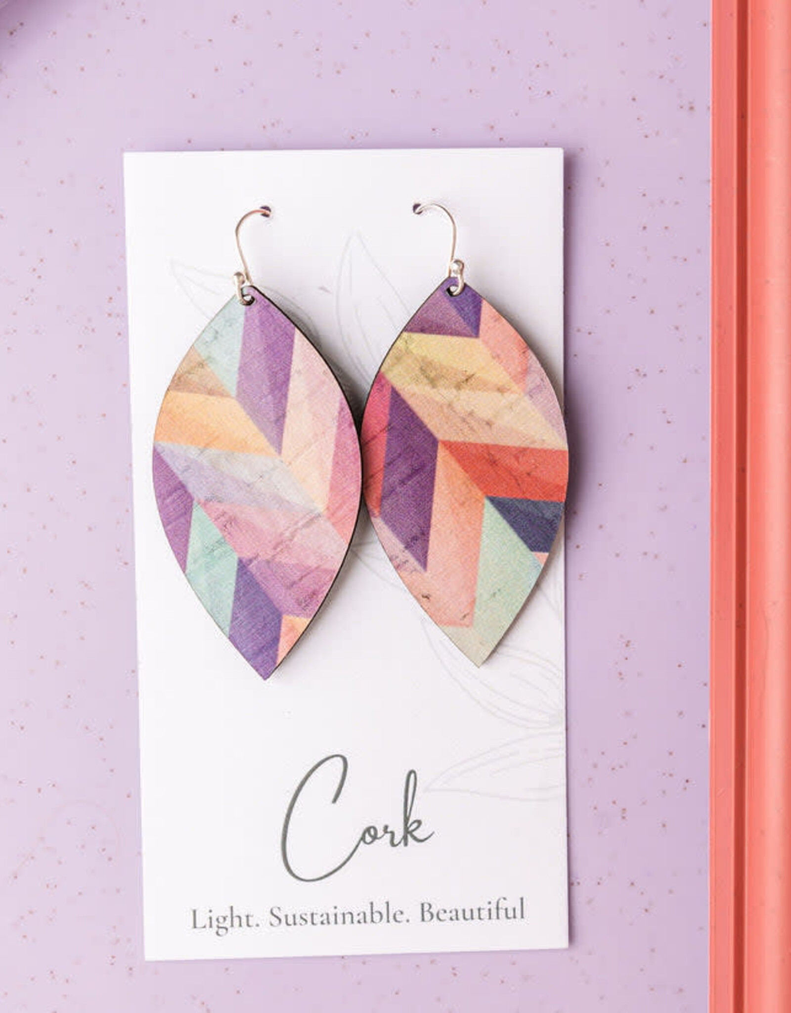 Small Leaf Cork Earrings - Pink Herringbone