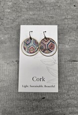 Small Brass Circle Cork Earrings - Embroidered Hexagons